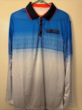 Blue and White Performance Gradient Long-Sleeve Polo Black Collar and Red Trim